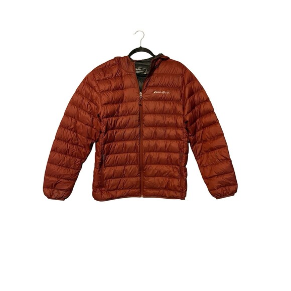 Eddie Bauer Down Puffer Jacket EB 650 Size L Rust Brown Hood READ - Picture 1 of 7
